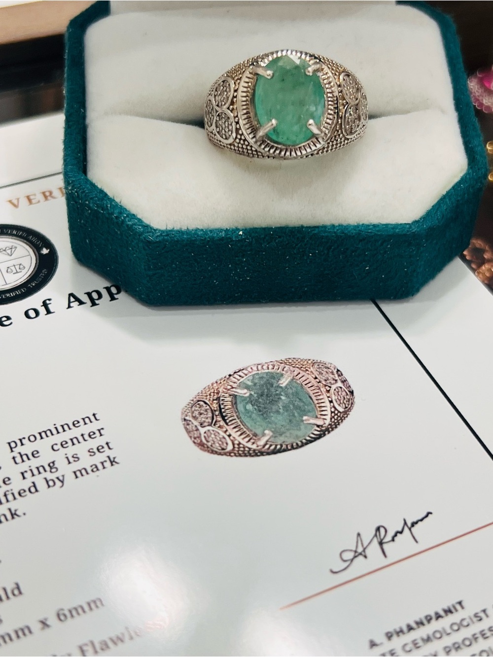 5 carats Genuine Colombian Emerald sterling silver Ring - men’s Appraised